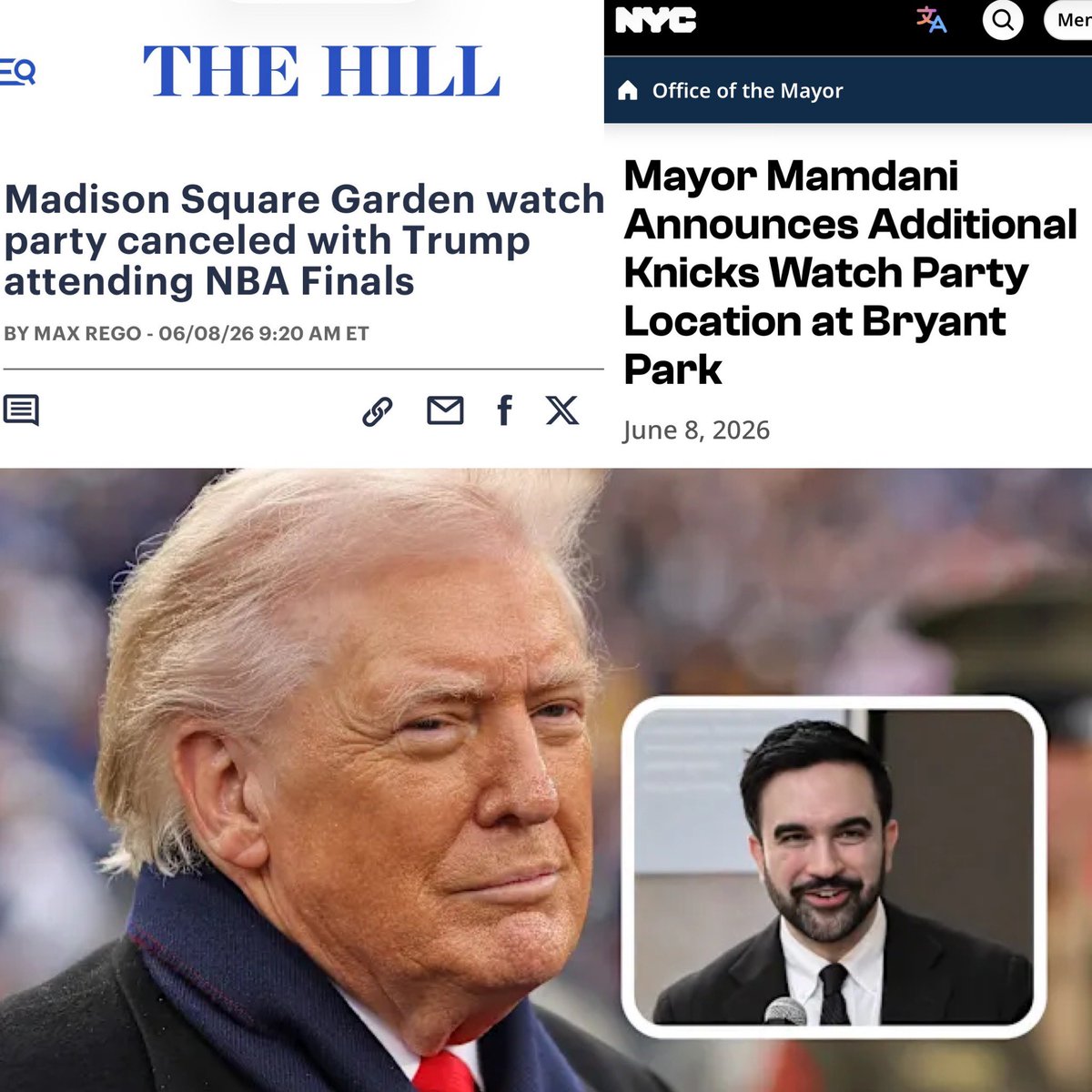 TheTNHoller's tweet photo. How it started     How it’s going 

MSG canceled @nyknicks watch parties for the narcissist-in-chief, so @NYCMayor @ZohranKMamdani set one for Bryant Park 

This is how you mayor 💪🏽 https://t.co/TveSElneSn
