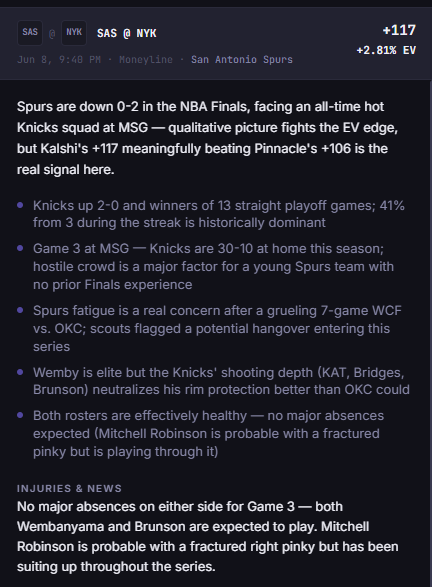 ev_strike's tweet photo. What does Vega 🤖 think about about a ML +117, +2.8%EV on SAS for tonight's game?!

Key points:

1️⃣Knicks up 2-0 and winners of 13 straight playoff games; 41% from 3 during the streak is historically dominant
2️⃣Game 3 at MSG — Knicks are 30-10 at home this season; hostile crowd is a major factor for a young Spurs team with no prior Finals experience
3️⃣Spurs fatigue is a real concern after a grueling 7-game WCF vs. OKC; scouts flagged a potential hangover entering this series
4️⃣Wemby is elite but the Knicks' shooting depth (KAT, Bridges, Brunson) neutralizes his rim protection better than OKC could
5️⃣Both rosters are effectively healthy — no major absences expected (Mitchell Robinson is probable with a fractured pinky but is playing through it)