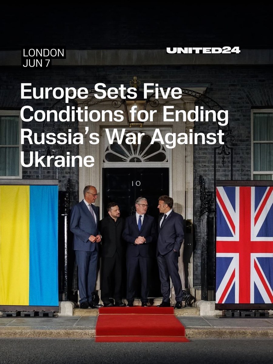 United24media's tweet photo. ⚡️ Following their meeting with President Zelenskyy in London, the leaders of the UK, France, and Germany issued a statement outlining conditions to Russia's war. 

These include a ceasefire, using the current frontline as a basis for negotiations, establishing legally binding security guarantees, maintaining the freeze on Russian assets pending compensation, and ensuring European security interests are upheld in coordination with the EU and NATO.