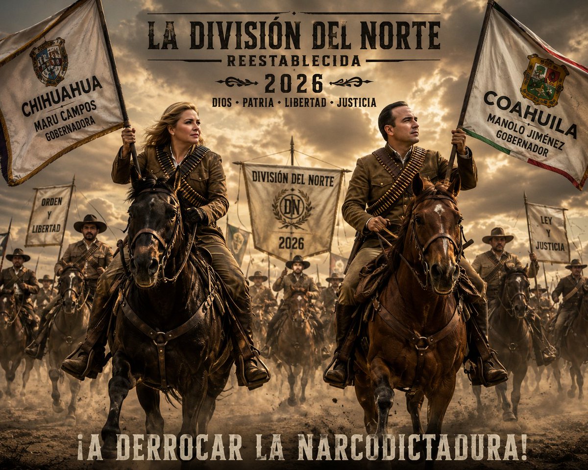 MrLotario's tweet photo. La División del Norte ha sido reestablecida para enfrentar a la narcodictadura que ha secuestrado a México.

Maru en Chihuahua y Manolo en Coahuila encabezan la resistencia del norte, enfrentando con valentía a los narcoterroristas.

El norte se levanta por la libertad. 🇲🇽🇲🇽🇲🇽 https://t.co/VByWhJEq2P