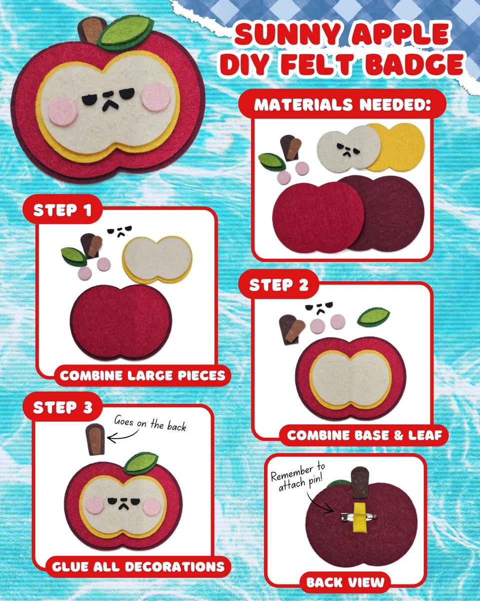 sleepypopsg's tweet photo. 🍎💋✈️ SUNNY APPLE DIY FELT BADGE (step-by-step guide in pics)

🧡 PLUS:

· Lucky Draw (Omamori, Official Merch, Apple Bracelets)
· Chekis with @delia.0124 &amp; @akimotoyoru 

⚠️ DIY kits are limited — First come, first served!

#loveanddeepspace #caleb #xiayizhou #恋与深空 #夏以昼 https://t.co/Zat7HQb8IB