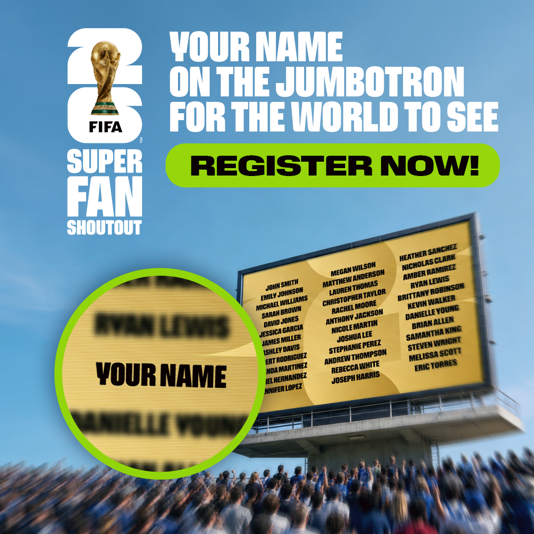 FIFAWorldCup's tweet photo. 🌎 See your name on football's biggest stage. 

The FIFA World Cup 2026™ Super Shoutout gives fans the chance to have their name and country displayed live in-stadium. 

Show your passion. Represent your nation. Be part of the FIFA World Cup™.