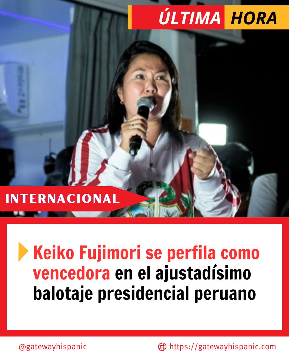 GatewayHispanic's tweet photo. Keiko Fujimori se perfila como la ganadora de un ajustadísimo balotaje presidencial en Perú, con una ventaja mínima en una elección marcada por la polarización política y la expectativa sobre el futuro rumbo del país.

Por @MariaHerreraMe 

https://t.co/LFDCJHZHtS https://t.co/jeq9fvBkix
