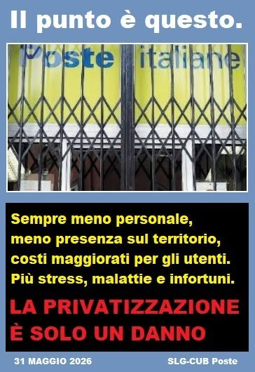 slgcubposte's tweet photo. ► IL DIRITTO, A GIORNI "ALTERNI E RAREFATTI" ◄
Con lo #sciopero del 29 maggio i difensori della #privatizzazione di #PosteItaliane non sanno più come giustificarla e come giustificare le angherie che hanno imposto ai #lavoratori e agli #utenti.
Leggere > https://t.co/ZaibRbMfYj https://t.co/iqiRGQMjyD