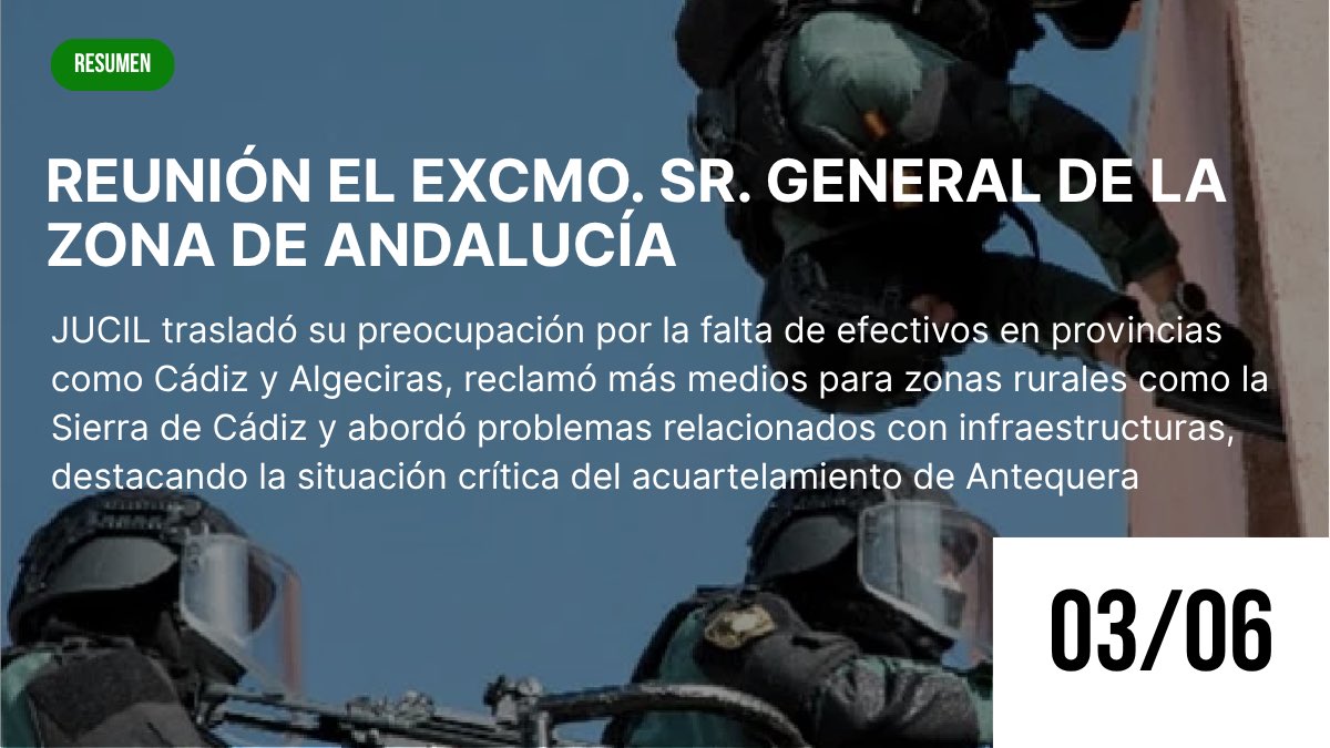 JucilInforma's tweet photo. 🟢#𝙅𝙐𝘾𝙄𝙇_Zona Andalucía 

Durante su encuentro con el Excmo. Sr. General de la Zona, JUCIL expresó su honda preocupación por la insuficiencia de efectivos en provincias como Cádiz y Algeciras.

Para más ℹ️ pincha aquí ⤵️

https://t.co/I4Zk42AUqo

Se solicitaron más recursos para las áreas rurales, especialmente en la Sierra de Cádiz, y pusieron sobre la mesa los graves problemas de infraestructuras, destacando el deterioro crítico del acuartelamiento de Antequera.

📢 Más medios, más personal y unas instalaciones dignas son imprescindibles para garantizar un servicio de calidad 📢 

#𝘾𝙤𝙢𝙥𝙧𝙤𝙢𝙚𝙩𝙞𝙙𝙤𝙨𝘾𝙤𝙣𝙇𝙤𝙨𝙂𝙘