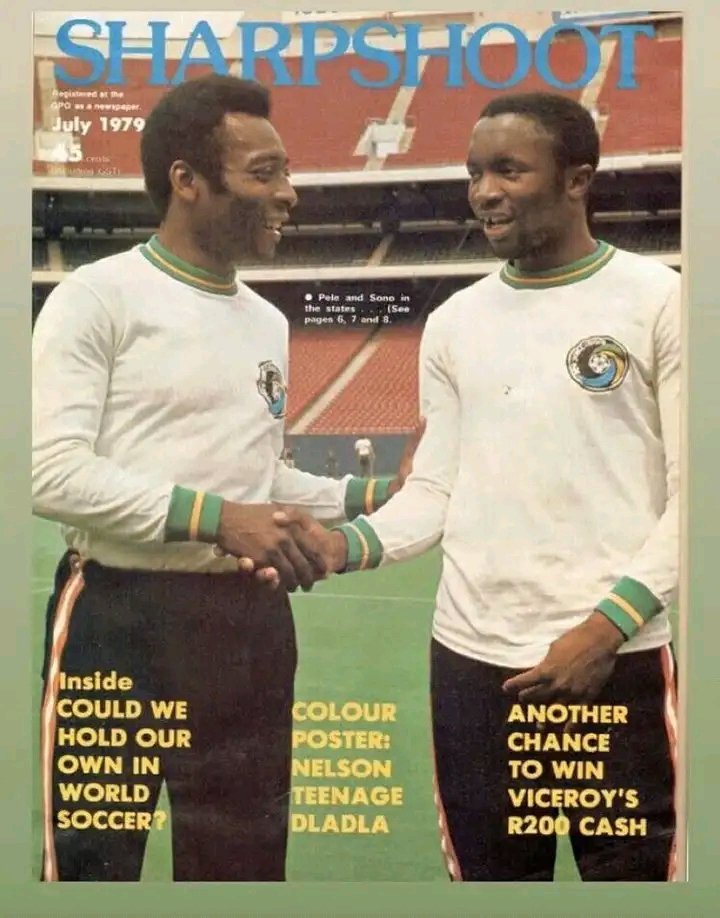 HistorySAZAR's tweet photo. Pele and Jomo Sono on the cover of SharpShoot while they were still playing for New York Cosmos, July 1979. https://t.co/Qy4XFpiuS8