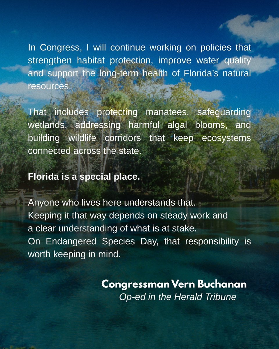 endangered's tweet photo. Florida’s Gulf Coast reminds us every day that we share this place with extraordinary wildlife.

A manatee surfacing near a dock. A sea turtle nest marked carefully in the sand. A wetland full of life. These are more than beautiful moments, they are reminders of what is at stake and what we have a responsibility to protect.

We’re grateful to @VernBuchanan for uplifting the importance of protecting manatees, sea turtles, wetlands, water quality, and wildlife corridors across Florida.

Healthy habitats protect wildlife, support communities, and preserve Florida’s natural heritage for future generations. The Endangered Species Act remains one of our strongest tools for making that future possible.
Protect wildlife. Defend habitats. Keep Florida wild.

#ProtectWildlife #Manatees #SeaTurtles #FloridaWildlife #EndangeredSpeciesAct