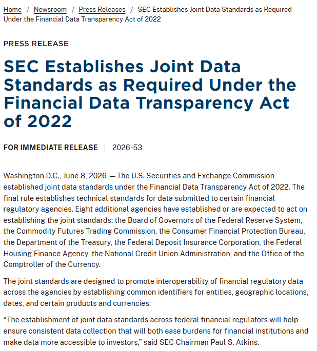 808CG1's tweet photo. MMTLP NBH MMAT #SECfraud #FOIAdenials #FINRAfraud 

HOT OFF THE PRESS! - Really?

The SEC’s new Joint Data Standards rule quietly confirms what MMTLP investors already knew:

• Regulators lacked interoperable data 
• Agencies weren’t aligned 
• Machine‑readable oversight didn’t exist 
• Investors had no access to consistent info

This rule is a fix — but also an admission. MMTLP happened in a system built before transparency.

Okay. Now what? The World is round? You still have a problem with MMTLP!

@annvandersteel @cvpayne @SECPaulSAtkins @TheRobbCarter 

https://t.co/jm7Wag5jQZ
