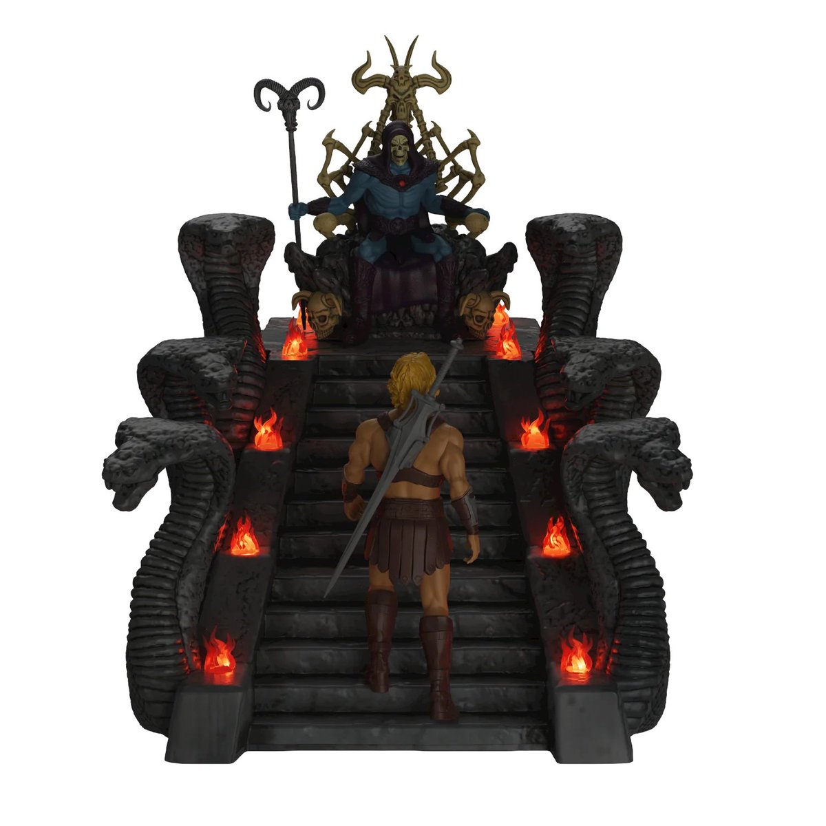 TheSwishPop's tweet photo. This needs to be done! So apparently there is a He-man Popcorn bucket (seen below). It features the main characters on stairs to a thrown.  The idea is to Remove the figures and replace them with the new Hooded CC. The fires on the stairs even light up! 
#gijoe #actionfigures https://t.co/arMNaW62DC