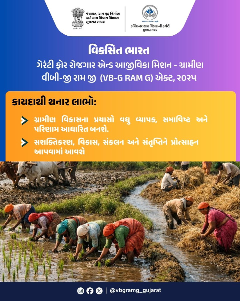 VBGRAMG_GUJARAT's tweet photo. વિકસિત ભારત ગેરંટી ફોર રોજગાર એન્ડ આજીવિકા મિશન - ગ્રામીણ (VB-G RAM G)  એક્ટ, ૨૦૨૫ 
કાયદાથી થનાર લાભો.
 #VBG #VBGRAMG #VIKSHITBHARAT #MGNREGA #CRD_GUJARAT #125daysGuarantee_G_RAM_G #ViksitBharat_G_RAM_G #MoRD 
@MoRD_GoI @CMOGuj  @crdgujarat1 @kunvarjibavalia @MLASanjaysinh https://t.co/5ngbuN192T