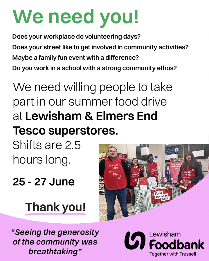 lewishamfood's tweet photo. **WE NEED YOUR HELP**

We are short of volunteers to help collect donations at our upcoming food drive in Lewisham &amp; Elmers End Tesco superstores.

Sign up: https://t.co/Tevf2MNES7
info: https://t.co/kMLGHGyhmq

volunteers@lewisham.foodbank.org.uk https://t.co/gHRC9ebKPv