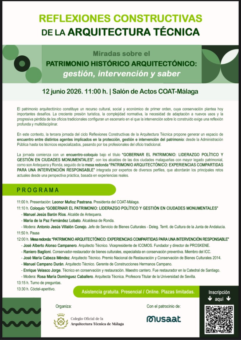 SolisMMar's tweet photo. 3° Ciclo “Reflexiones Constructivas de la Arquitectura Técnica”
Miradas sobre el PATRIMONIO HISTÓRICO ARQUITECTÓNICO: Gestión, intervención y saber
🗓️ 12/06/2026 🕒 11:00 h
📍 Salón de actos @aparejadoresma / Streaming https://t.co/CU4p2qUP7b