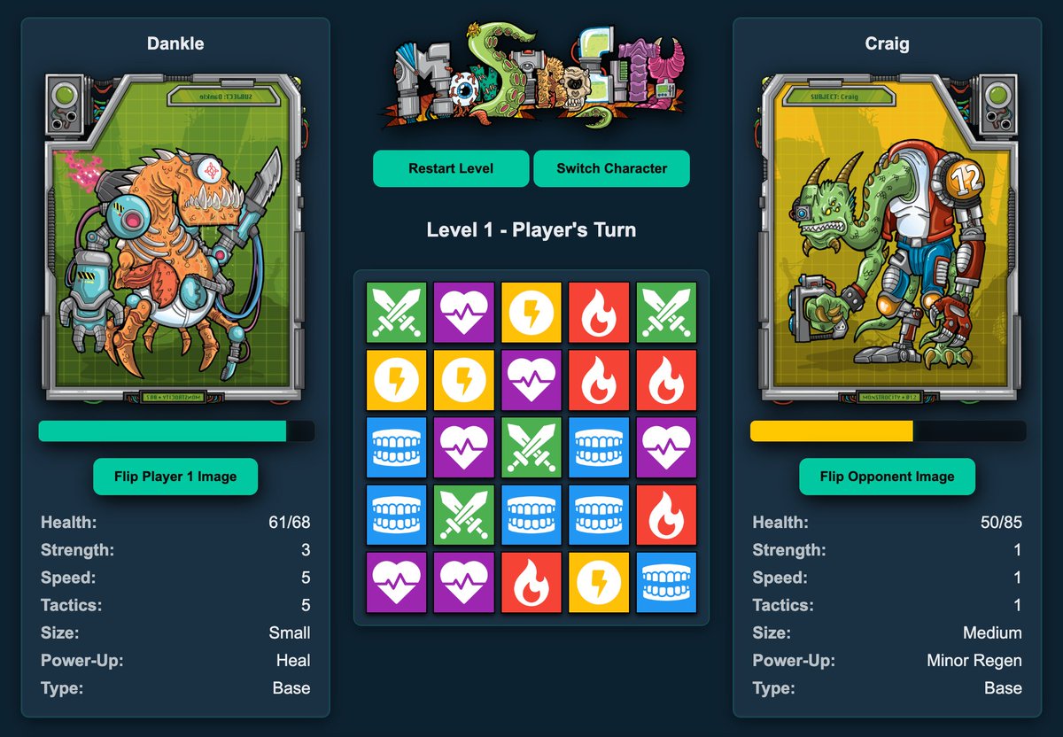skulliance's tweet photo. Try our flagship Match 3 RPG game - Monstrocity! It is completely free &amp; available to the public. No login, sign up, or wallet connection required. But if you stake with Skulliance, you can load in NFTs, save progress, climb leaderboards, &amp; participate in curated boss battles.💀 https://t.co/9KChkve2Bj