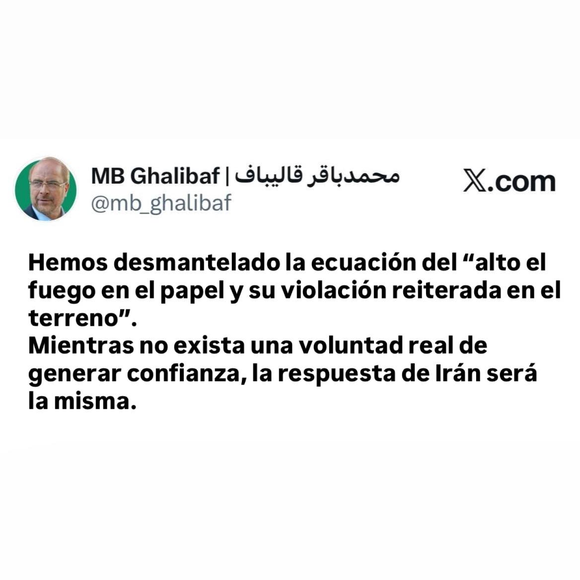Nexo_Latino's tweet photo. Presidente del Parlamento de Irán: Hemos desmantelado la ecuación del “alto el fuego en el papel y su violación reiterada en el terreno”

Mohamad Baqer Qalibaf:

🔺 Mientras no exista una voluntad real de generar confianza, la respuesta de Irán será la misma. https://t.co/OZR7RRB6Yj