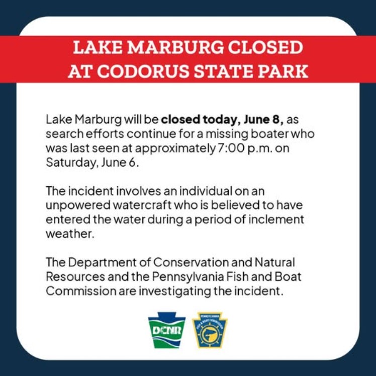 YCOEM's tweet photo. ATTENTION: Lake Marburg will be closed today, June 8, as search efforts continue for a missing boater who was last seen at approximately 7 p.m. on Saturday, June 6. https://t.co/PAN6q7Bhk7