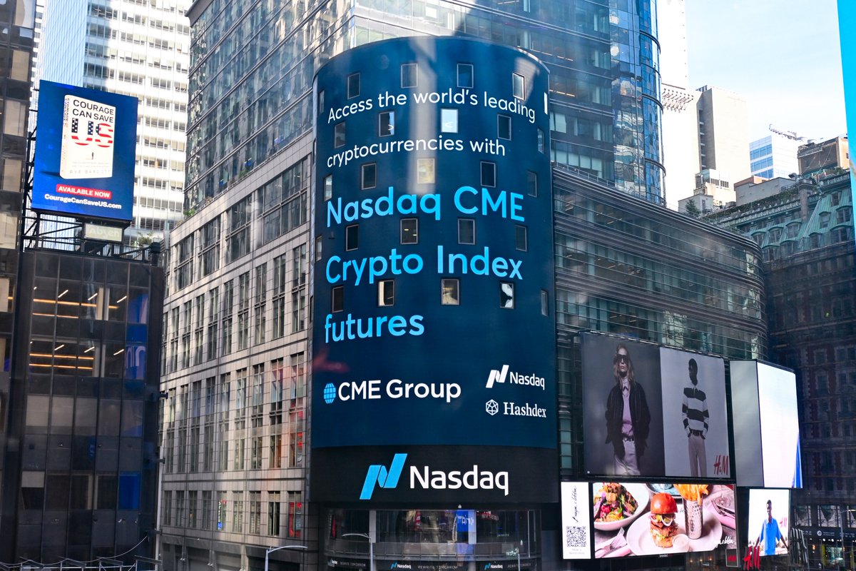 hashdex's tweet photo. Today, the @Nasdaq tower in Times Square displayed something that tells a bigger story.

Every asset class that has achieved institutional legitimacy: equities, fixed income, commodities, got there through the same three-part infrastructure: a benchmark, products that track it, and derivatives that let professional investors manage risk. That third layer is now in place for hashtag #crypto.

The Nasdaq CME Crypto Index (NCI) was built to be that benchmark for crypto. Hashdex products track it across Brazil, Europe, and the United States. And now, with NCI futures live at @CMEGroup, the derivatives layer is taking shape.

We're proud to have been part of building the index that started it all. The infrastructure is here.