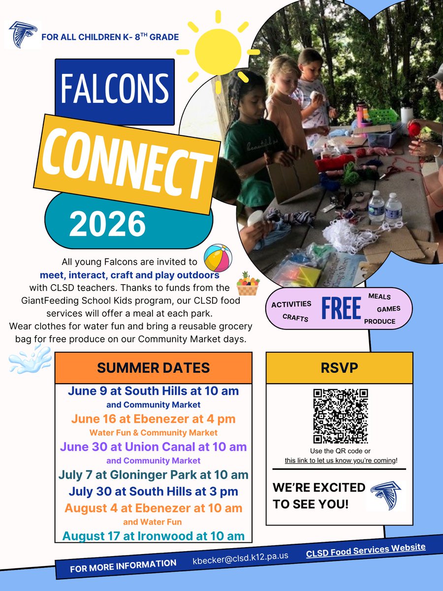 becker_kerrie's tweet photo. FALCONS CONNECT is at South Hills on June 9 for all CLSD K-8  students &amp; families! 💙Click here to let us know you’ll join us for games, a craft &amp; a nutritious meal thanks to our local @GiantFoodStores Bring a bag for produce at our community market!🍓🫐
https://t.co/lNsdNLyvER… https://t.co/ySp8si1MPq