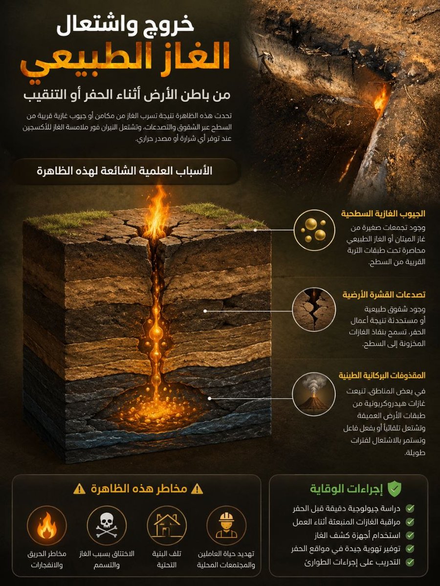 bah7kha7's tweet photo. خروج واشتعال الغاز الطبيعي من باطن الأرض أثناء الحفر أو التنقيب
تحدث هذه الظاهرة نتيجة تسرب الغاز من مكامن أو جيوب غازية قربية من السطح عبر الشقوق والتصدعات، وتشتعل النيران فور ملامسة الغاز للأكسجين عند توفر أي شرارة أو مصدر حراري https://t.co/FBm984FPgQ