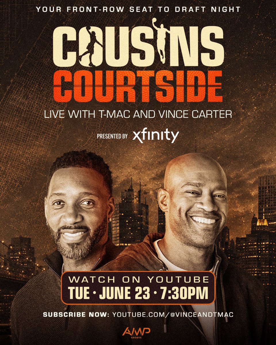 AMPMediaSales's tweet photo. AMP Sports Brings Draft Night to Fans With "Cousins Courtside" Vince Carter and Tracy McGrady to Host Live Show and Draft Watch Party on June 23 in New York City. MORE: https://t.co/m8TzQ3q3BN https://t.co/pPpD3bjyh9