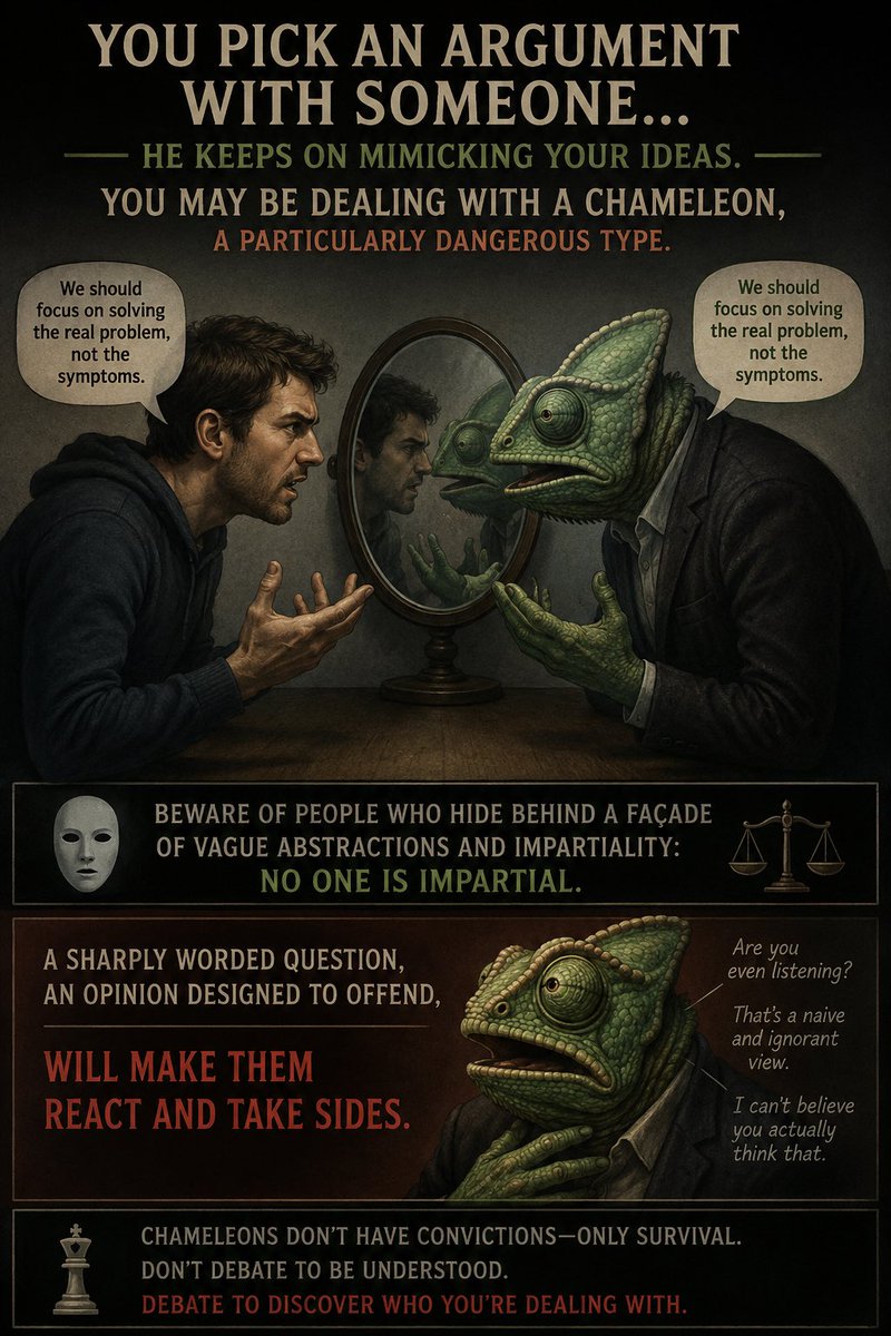 soyroosh's tweet photo. You pick an argument with someone and he keeps on mimicking your ideas, you may be dealing with a chameleon, a particularly dangerous type. Beware of people who hide behind a façade of vague abstractions and impartiality: no one is impartial. A sharply worded question, an opinion designed to offend, will make them react and take sides — Robert Greene, War