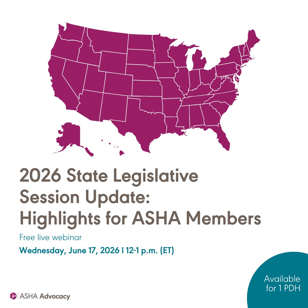 ASHAWeb's tweet photo. Join ASHA’s State Affairs team on Wednesday, June 17, for a mid-year update on 2026 state legislative activity. Explore highlights of key policy and regulatory developments, potential impacts on ASHA members, and ASHA’s engagement in the states.

Sign up: https://t.co/TjrIysI7Ja https://t.co/4sbl5GDLX1