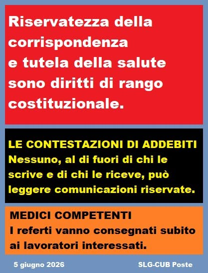 slgcubposte's tweet photo. ► IL PERSONALE VA RISPETTATO ◄
Art. 15 Cost. - Riservatezza della corrispondenza.
Art. 32 Cost. - Tutela della salute.
Leggere > https://t.co/E1aAQKvshx #PosteItaliane #Costituzione #ServizioUniversale #salute #sindacato #slgcubposte #Italia https://t.co/vKDJu6yCak