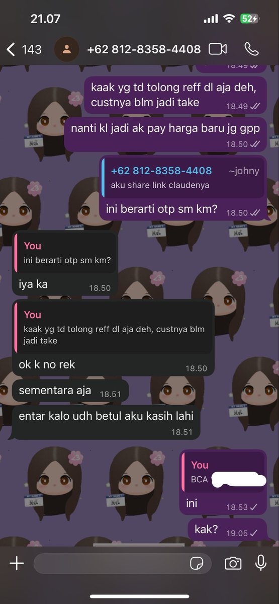 _nyimup's tweet photo. dan yap... kita berdua diblock. aku sempet mikir mungkin cuma off tp pas dichat pake nomorku satunya dia c2 😁 asumsiku karena ketauan ngasih akun yang sama dan emang mau nipu aje 👹👹 https://t.co/5hl8kKfFsu