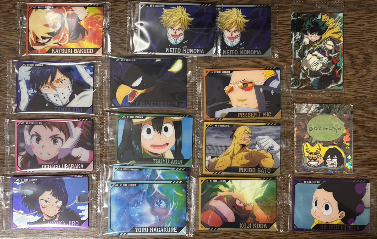 sssomosepa's tweet photo. 【交換】
僕のヒーローアカデミア ヒロアカ コレクターズカード ウエハース

譲：◎緑谷、◎爆豪、◎轟、麗日、飯田、蛙吹、耳郎、常闇、葉隠、物間、口田、峰田、砂藤、マイク、トガ、荼毘、コンプレス、発目

求：SRエピローグ、今弾相澤、過去弾相澤＞過去弾オールマイト

大阪手渡し、郵送

詳細↓ https://t.co/c9nR2TXyXQ