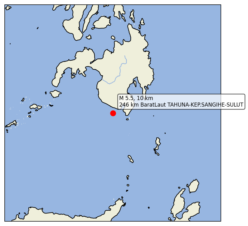 igempa's tweet photo. 08 Jun 2026 21:52:59 WIB
#Gempa M5.5, Kedalaman 10 km,
Pusat: 246 km BaratLaut TAHUNA-KEP.SANGIHE-SULUT
Tidak berpotensi tsunami https://t.co/ZaTfuG86FF