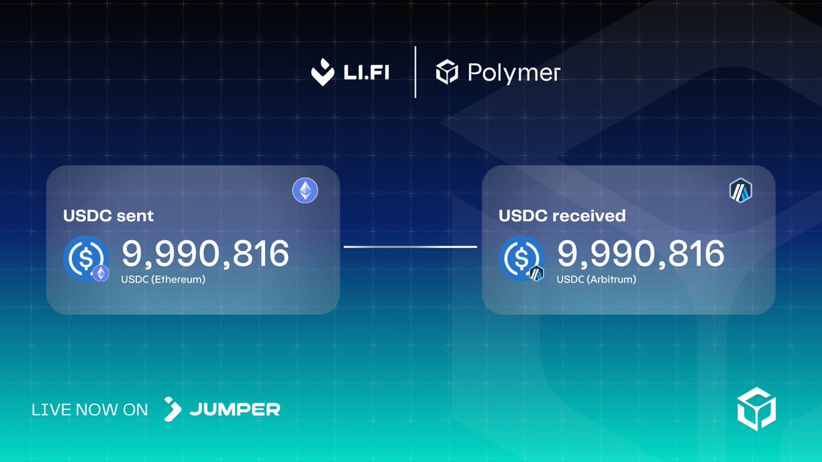 Polymer_Labs's tweet photo. $9.99m sent from @ethereum to @arbitrum 

Powered by Polymer &amp; @lifiprotocol &amp; @jumperapp 

Move millions with fractions of cents 🌊 https://t.co/NJpTdN7c2I
