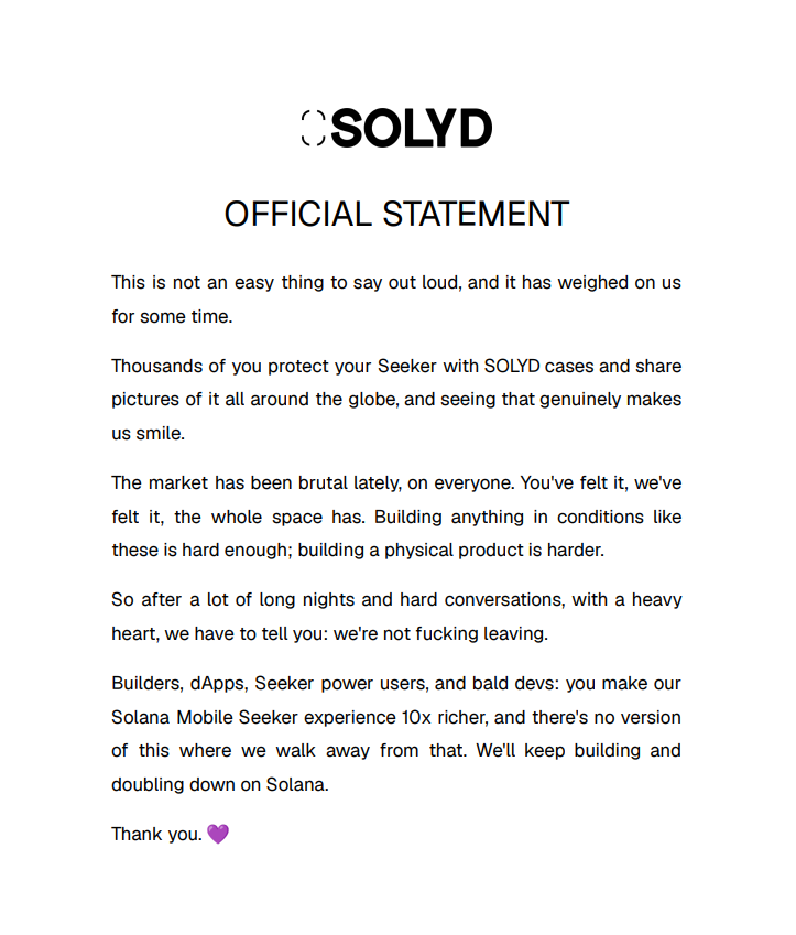 SOLYD_STORE's tweet photo. Due to recent market conditions, we had to make a hard decision.

Official statement below. https://t.co/2fNEUabtUY