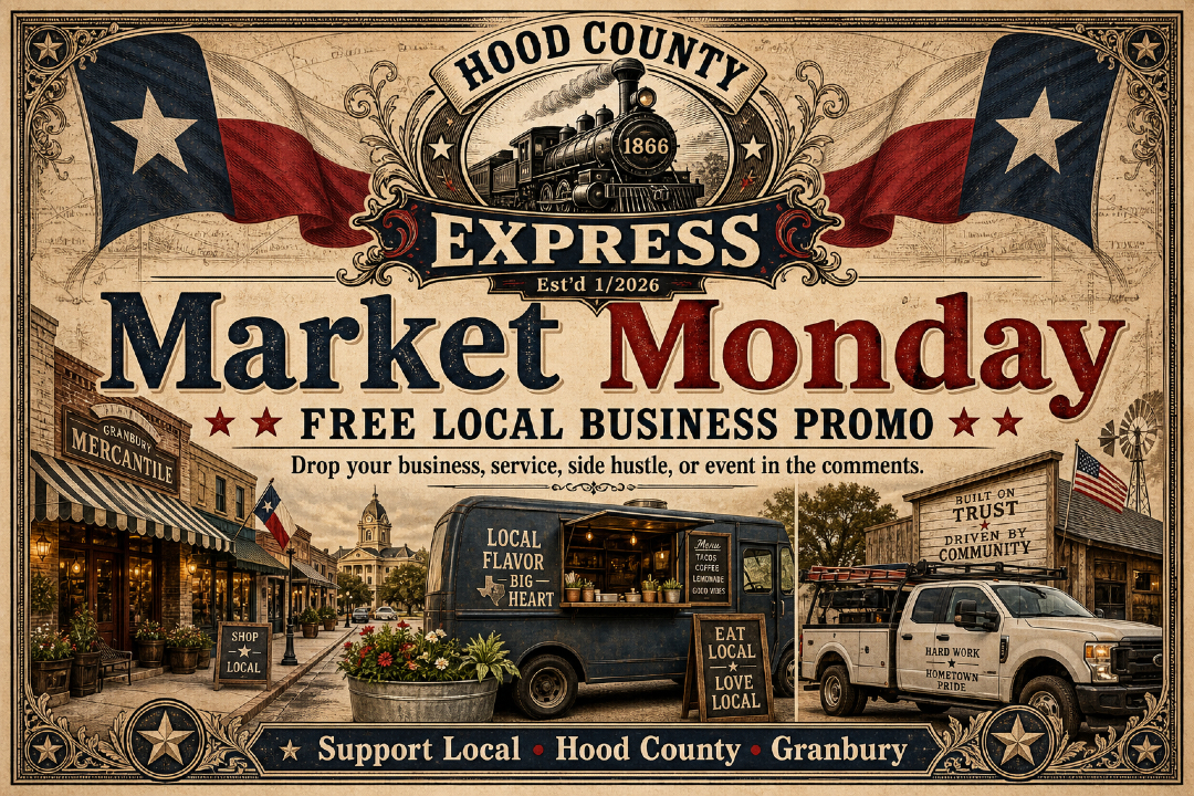 HoodCoExpress's tweet photo. 🛍️ Market Monday is live!

Got a business, side hustle, event, service, food truck, handmade goods, or local deal? Drop it in the comments 👇

This is your free weekly chance to promote what you do and support local right here in Hood County. Let’s help our neighbors win. 🚂 https://t.co/6JG4HfrwGF