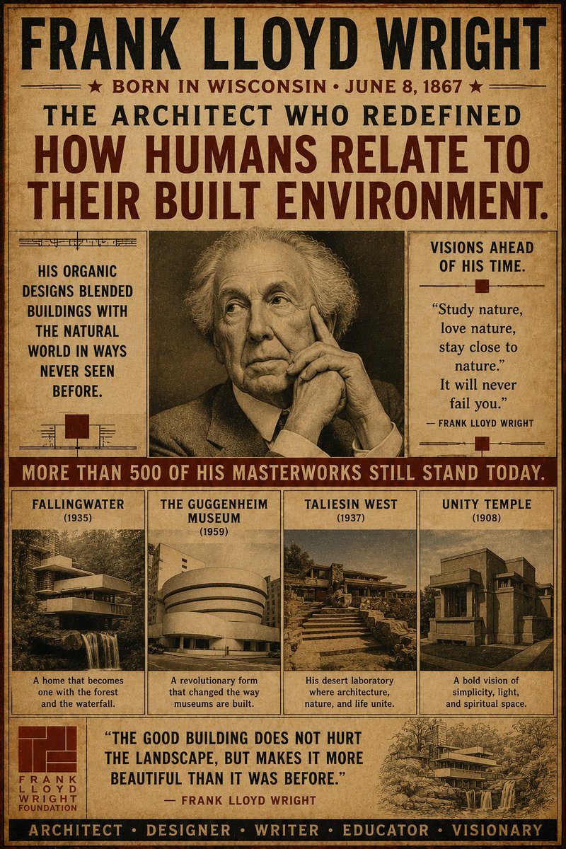 OpStyles007's tweet photo. June 8, 1867 — Frank Lloyd Wright was born in Wisconsin, the architect who would redefine how humans relate to their built environment. His organic designs blended buildings with the natural world in ways never seen before. More than 500 of his masterworks still stand today. https://t.co/mIsw5E8liw