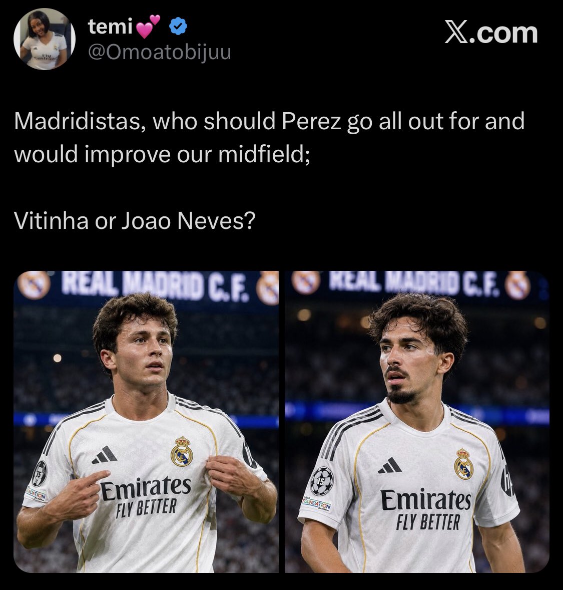 chexeeyFCB's tweet photo. Day 7 of catching a Real Madrid fan obsessing over players from successful clubs.

They say you never come back from an adventure the same person.

Perez can go on a pilgrimage to PSG for Vitinha or João Neves if he likes.

He'll return exactly the same as he left 😂 https://t.co/jTEbQwbijX