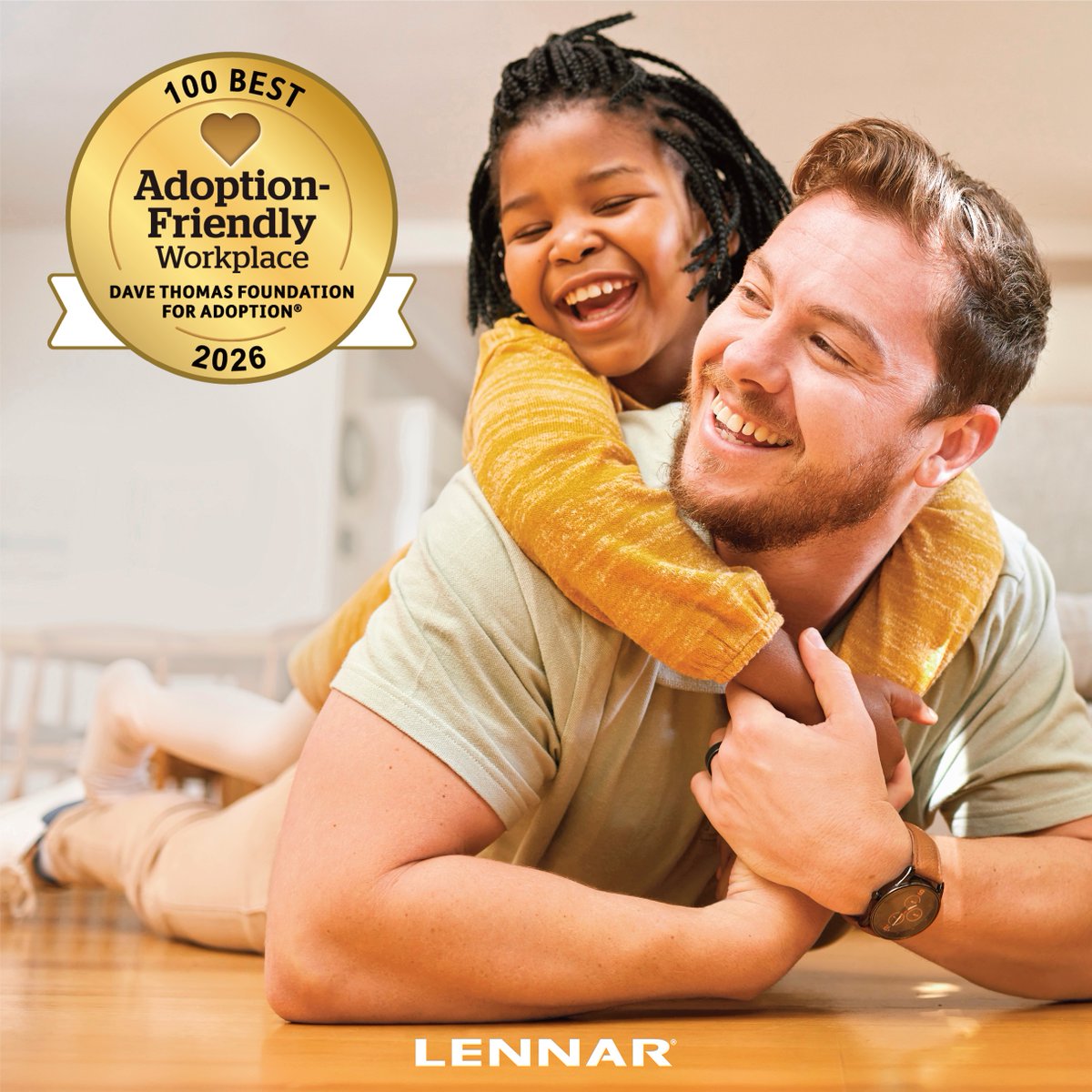 Lennar's tweet photo. Lennar is proud to be named to the Dave Thomas Foundation's 2026 Top 100 Best Adoption-Friendly Workplaces — for the 2nd year in a row! 🏡❤️

Our Adoption Assistance Plan offers up to $30K per child for full-time Associates. Learn more: https://t.co/CUSdc0ameo https://t.co/KVA3eRSfwv