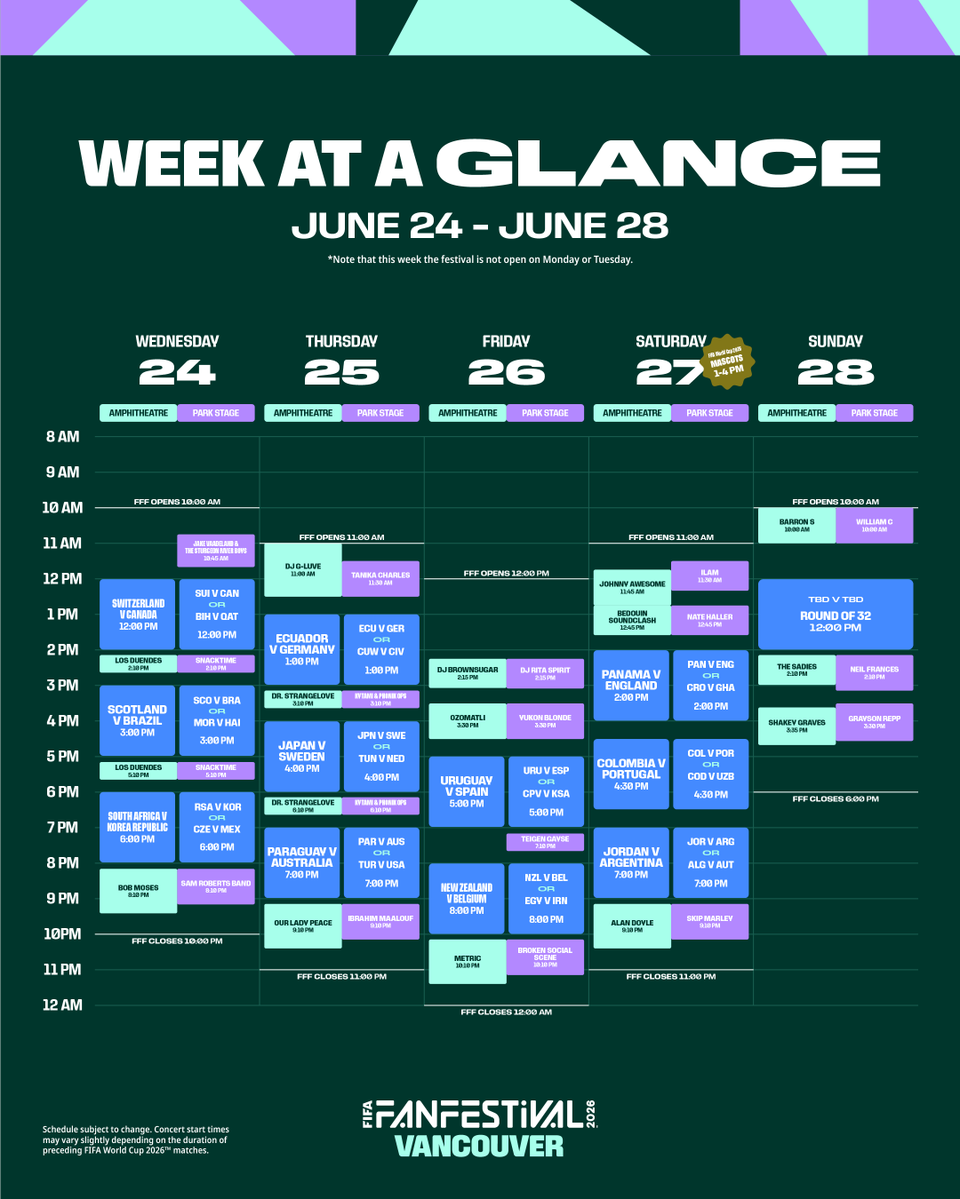 FWC26Vancouver's tweet photo. The #FIFAFanFestival Vancouver schedule is your go-to guide for planning the summer! 🗓️
 
Kicking off on June 11, check out the week-by-week glance at match viewings, live performances, and opening and closing times at Hastings Park. Plan your visit now! 
 
#WeAreVancouver 1/3 https://t.co/JBKfID36bH