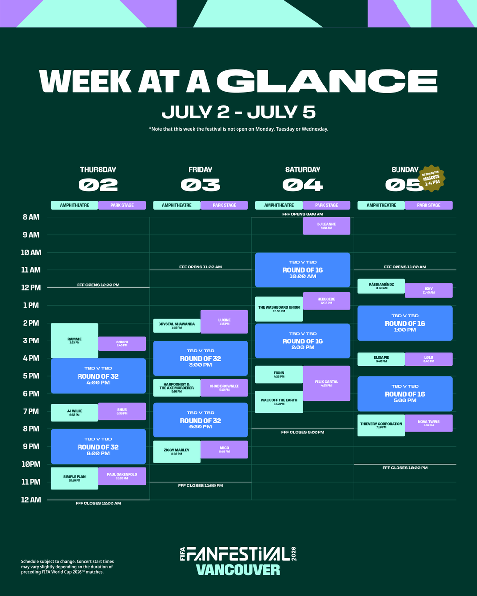 FWC26Vancouver's tweet photo. The #FIFAFanFestival Vancouver schedule is your go-to guide for planning the summer! 🗓️
 
Kicking off on June 11, check out the week-by-week glance at match viewings, live performances, and opening and closing times at Hastings Park. Plan your visit now! 
 
#WeAreVancouver 1/3 https://t.co/JBKfID36bH