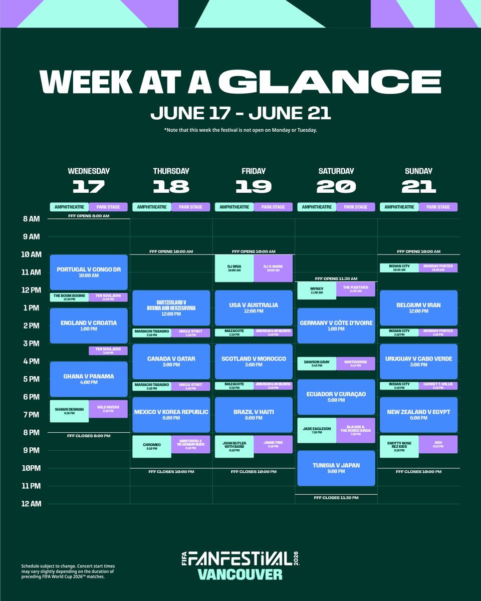 FWC26Vancouver's tweet photo. The #FIFAFanFestival Vancouver schedule is your go-to guide for planning the summer! 🗓️
 
Kicking off on June 11, check out the week-by-week glance at match viewings, live performances, and opening and closing times at Hastings Park. Plan your visit now! 
 
#WeAreVancouver 1/3 https://t.co/JBKfID36bH