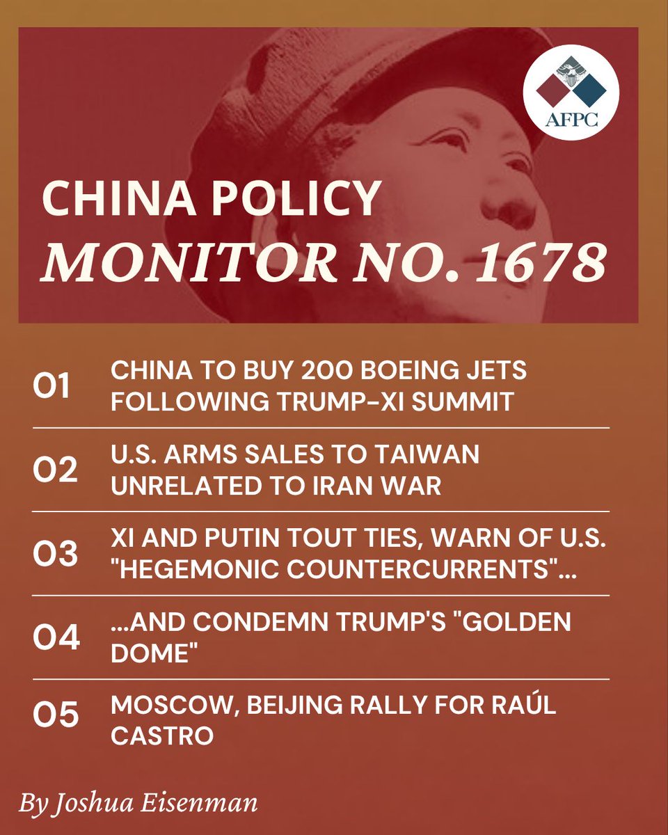 afpc's tweet photo. CHINA POLICY MONITOR NO. 1678

01: China to buy 200 Boeing jets following Trump-Xi summit 
02: U.S. arms sales to Taiwan unrelated to Iran war 
03: Xi and Putin tout ties, warn of U.S. "hegemonic countercurrents"... 
04: ...And condemn Trump's "Golden Dome" 
05: Moscow, Beijing rally for Raúl Castro

Read CPM No. 1678 here: https://t.co/ladREbcYOV 

#China #Iran #Taiwan #PRC #ForeignPolicy