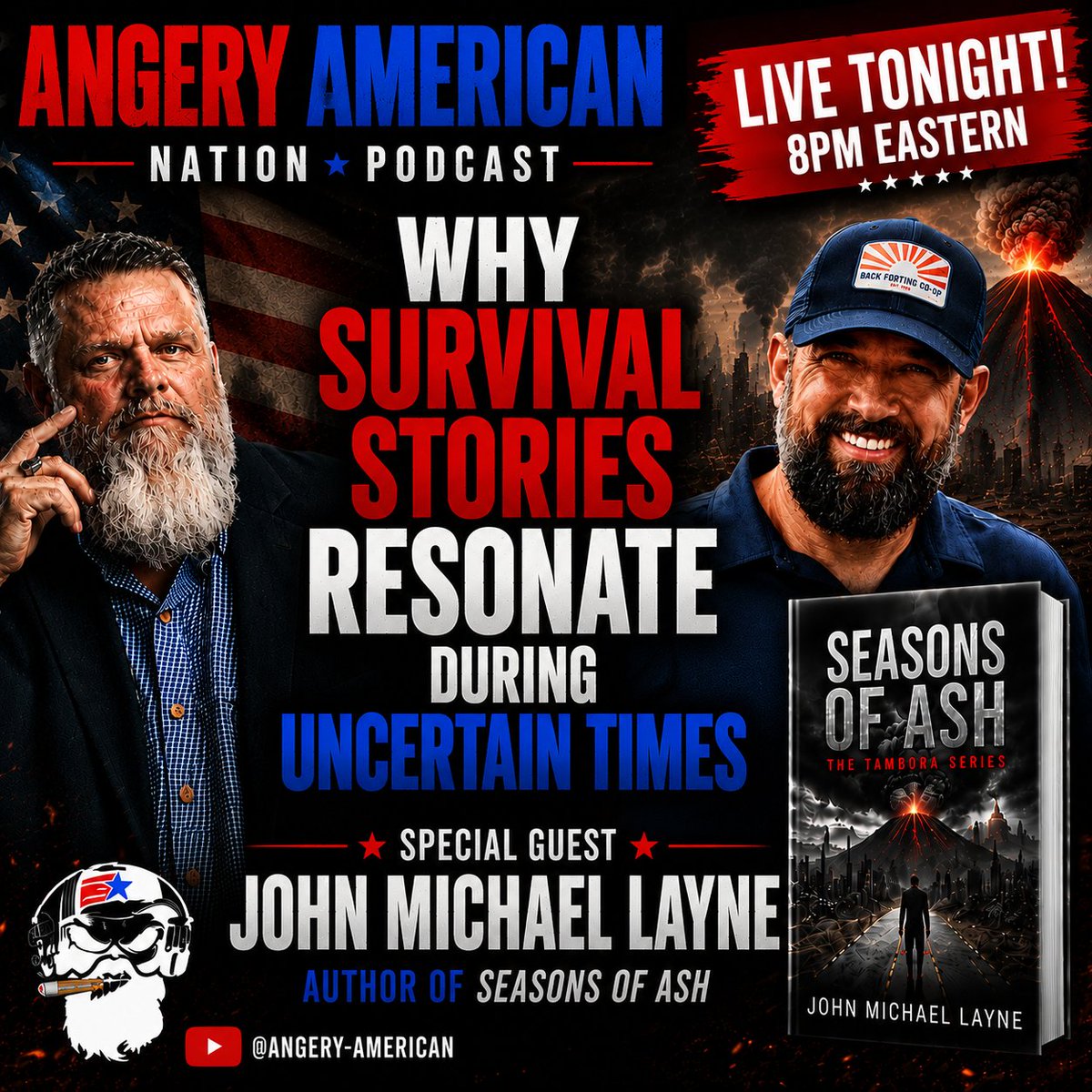 TheAngeryAmeric's tweet photo. 🚨 LIVE TONIGHT! 🚨
Tonight on the Angery American Nation Podcast, Angery American welcomes author John Michael Layne, creator of Seasons of Ash, for a conversation about survival fiction, resilience, community, and why stories of collapse and rebuilding continue to resonate during uncertain times.
Why do readers connect so strongly with these stories?
What do they reveal about human nature?