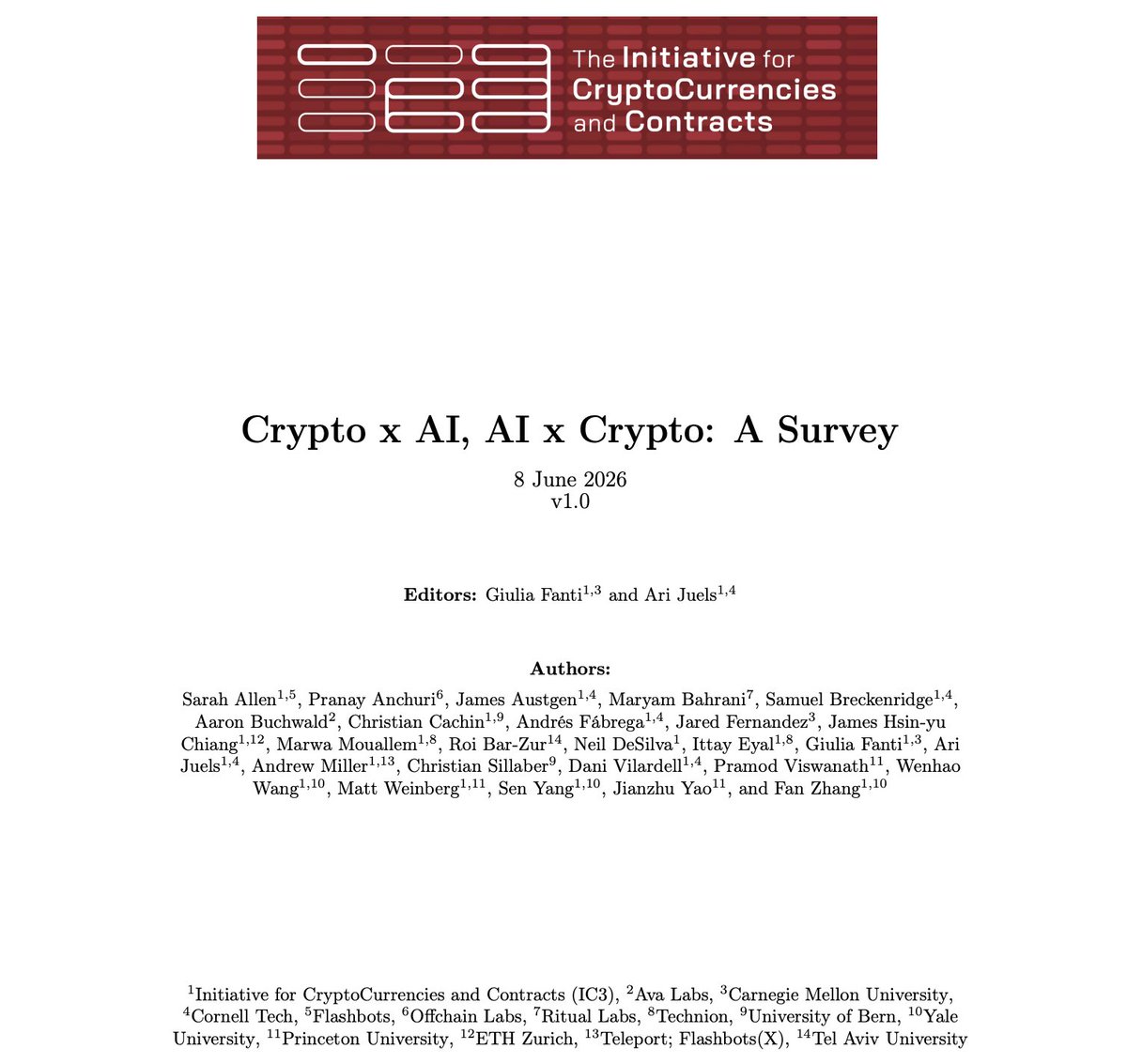 cryptoxfan's tweet photo. Cornell's IC3 just dropped the first systematic survey on Crypto x AI. The core insight? AI is the translation layer between humans and machines. Crypto is the trust layer that proves machines actually did what they claimed. 🔗 https://t.co/AX8oHa3uoN