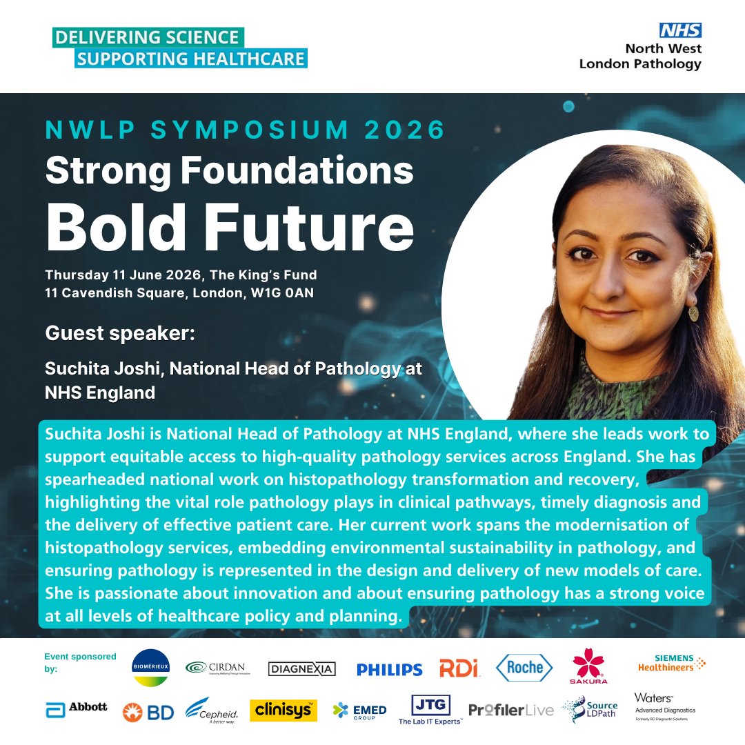 NwlPathology's tweet photo. It's the week of our 2026 Symposium, 'Strong Foundations, Bold Future', taking place on Thursday 11 June at The King's Fund 🔬

One of our guest speakers is Suchita Joshi, National Head of Pathology at NHS England 🤩

 #NWLPSymposium2026

@ImperialPeople @NHSEngland https://t.co/Aw1m8fsHCB