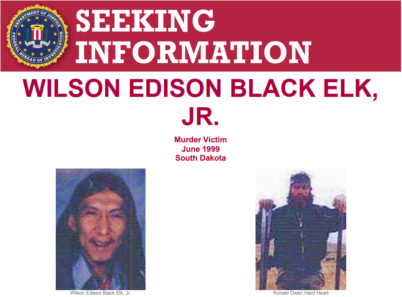 FBIMostWanted's tweet photo. The #FBI offers up to $50,000 reward for info leading to arrest and conviction of those responsible for the murders of Wilson Edison Black Elk, Jr. and Ronald Owen Hard Heart. Their bodies were found on the Pine Ridge Indian Reservation in South Dakota on June 8, 1999: https://t.co/OqGe7kIkom
