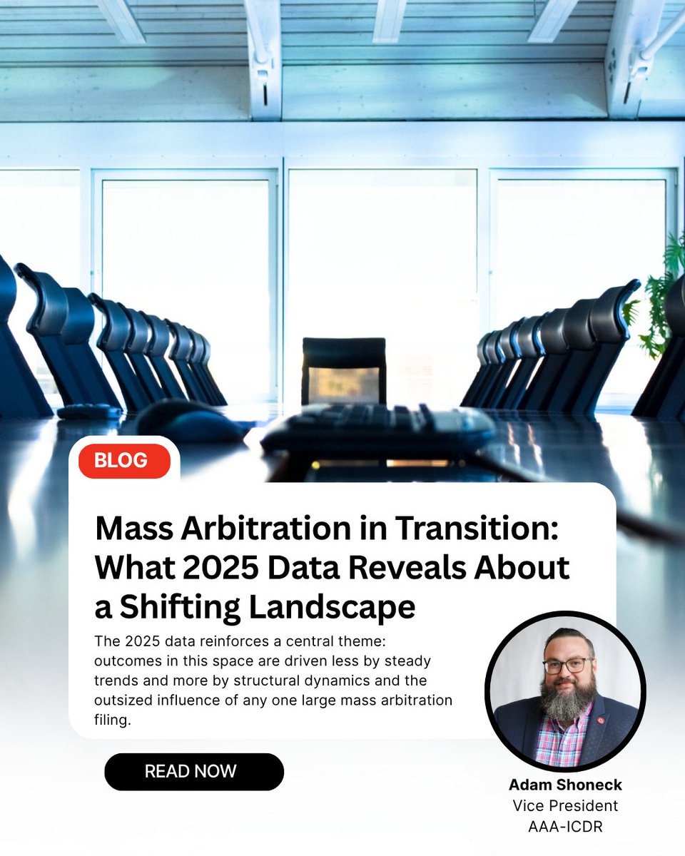 ADRorg's tweet photo. Mass arbitration is not a single, uniform process. It is an evolving field that continues to develop. 

The AAA’s 2025 mass arbitration data underscores this point, showing that outcomes in this space are shaped less by consistent trends than by underlying structural dynamics or, more frequently, by the outsized impact of a single large-scale filing. 

Discover what else the data reveals here: https://t.co/oDZSkO1Fde

#Arbitration #MassArbitration #DataInsights