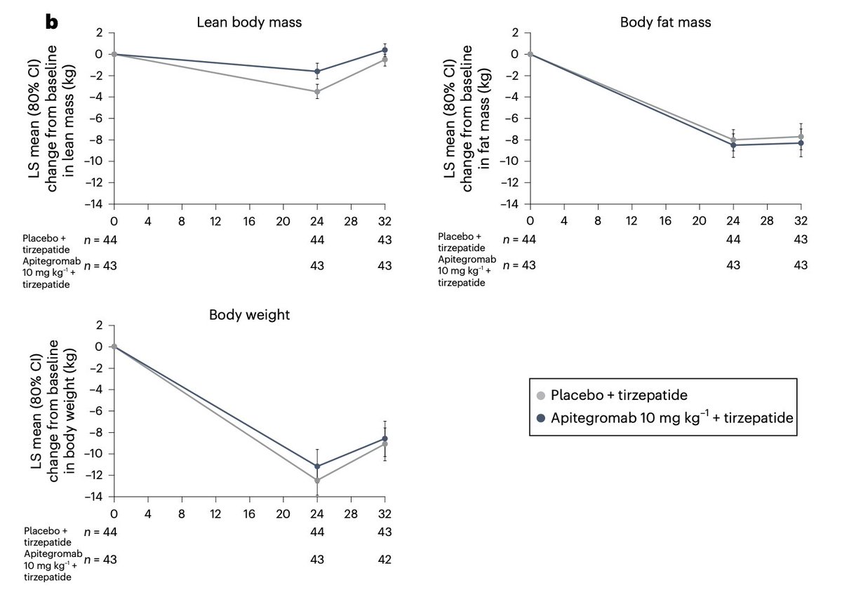 EricTopol's tweet photo. Preserving lean mass during tirzepatide (Zepbound) treatment. A randomized trial of a myostatin inhibitor for muscle mass building shows proof-of-concept.
A 55% retention of lean mass compared with placebo
https://t.co/urw9Gvy11L just published @NatureMedicine https://t.co/ukUhLbAXFL