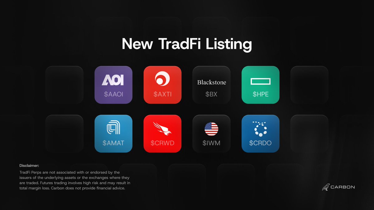 CarbonTerminal's tweet photo. New RWA Listings on Carbon🐦‍⬛

AI infrastructure, private equity, cybersecurity, and the deepest small-cap ETF.

Users can now trade:

◼️ $AAOI 
◼️ $AXTI 
◼️ $BX 
◼️ $HPE 
◼️ $AMAT 
◼️ $CRWD 
◼️ $IWM 
◼️ $CRDO 

📊Trade them here: https://t.co/OIc4bUFGlM

What did we list? https://t.co/DSeB7pdW9T