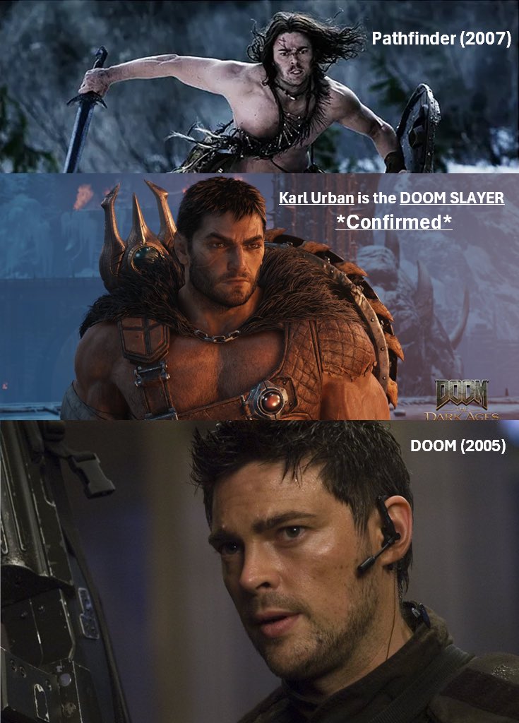 nytrile's tweet photo. @KarlUrban = DOOM SLAYER 🩸🔥
Top: Pathfinder
Middle: DOOM: The Dark Ages Revelations 
Bottom: Doom
Same build. Same stance. Same energy.
This wasn’t an accident — it’s been hiding in plain sight. 🛡️⚔️ Karl Urban IS THE SLAYER.
@idSoftware #DOOM #DarkAgesRevelations #KarlUrban https://t.co/Oo3kiFHcBb