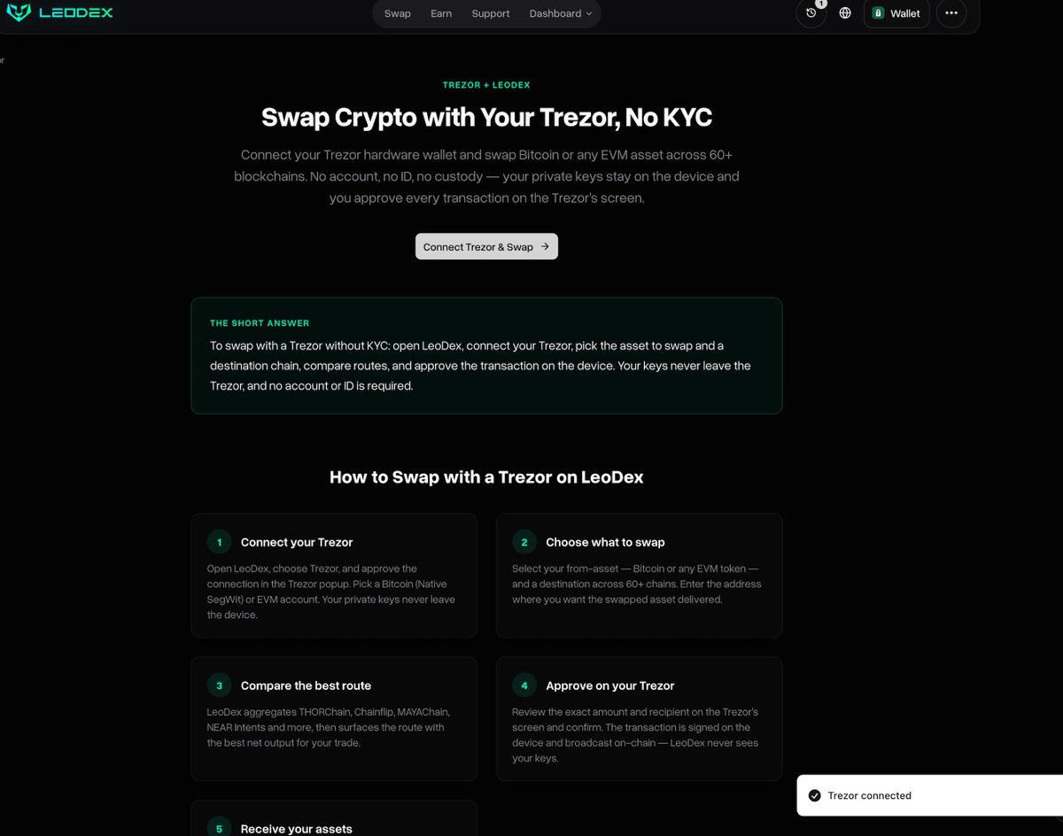 leodexio's tweet photo. Now live on LeoDex: dozens of @Trezor 🔒 guides

Over the weekend, we launched support for the OG Hardware wallet and in the days that followed, our team wrote a collection of guides on how to use Trezor for no KYC Swaps on your favorite crosschain protocols 

As always:
- No KYC
- Full Privacy
- Nearly Instant Swaps
- Your Wallet -> Your Wallet
- Lowest Rates in the Industry

Take control of your crypto: https://t.co/wKUmYc8fSP