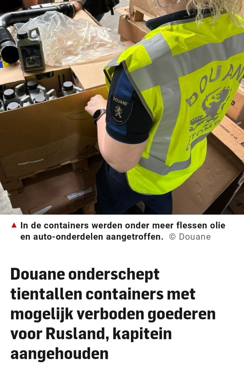 maartenbrink's tweet photo. De #Douane heeft in de Rotterdamse haven tientallen containers met mogelijk verboden goederen tegengehouden. De kapitein van een #containerschip werd aangehouden op verdenking van het omzeilen van Europese sancties tegen #Rusland.
https://t.co/gqbXBmGPqr https://t.co/UDeTVcSS3n