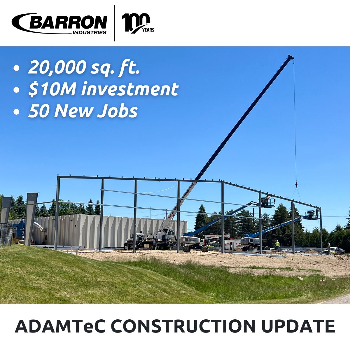 BarronCastings's tweet photo. Steel is now going up on Barron's' new ADAMTeC facility, marking a major milestone in our $10 million expansion. The new facility will expand our aerospace and defense manufacturing capabilities and create approximately 50 new jobs.

Watch the full update:
https://t.co/RaXBihSQqw https://t.co/FXDKocNmf5